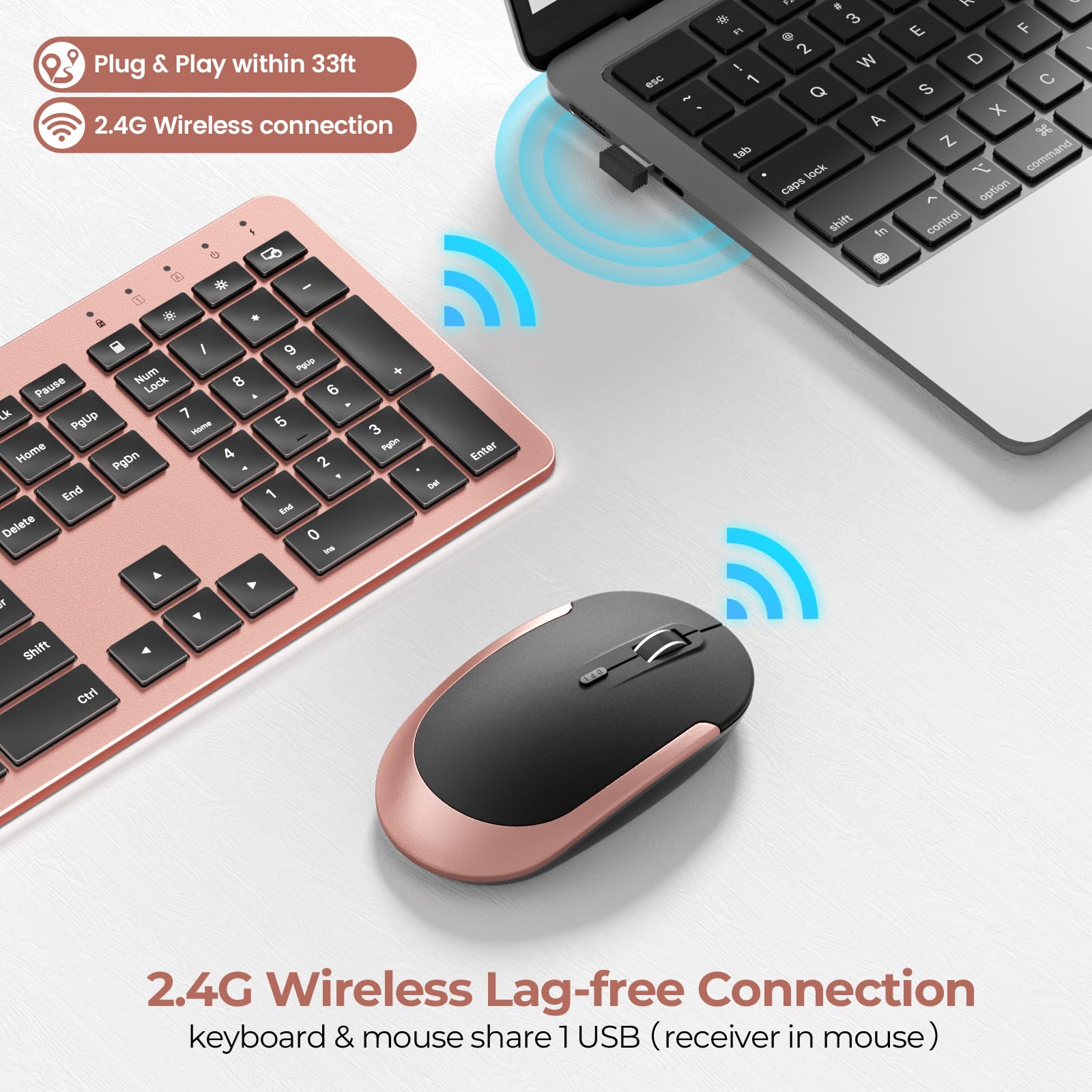 Seenda Rechargeable Wireless Keyboard Mouse Combo Full Size Cordless Ultra Thin Quiet Keyboard and Mouse Set Rose Gold Black - View 3 of 8