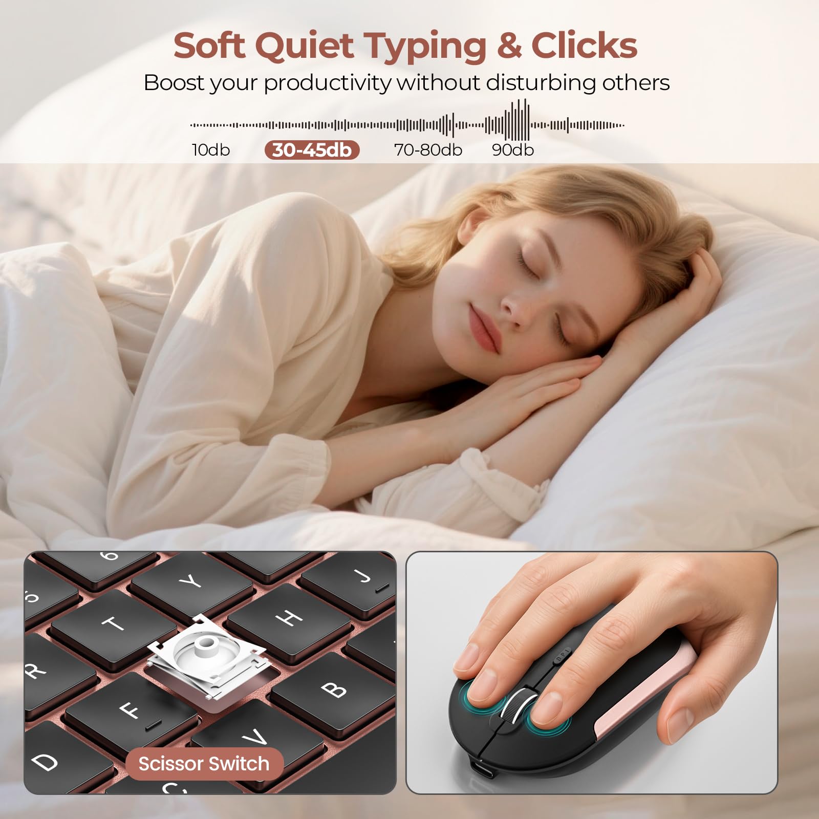 Seenda Rechargeable Wireless Keyboard Mouse Combo Full Size Cordless Ultra Thin Quiet Keyboard and Mouse Set Rose Gold Black - View 4 of 8