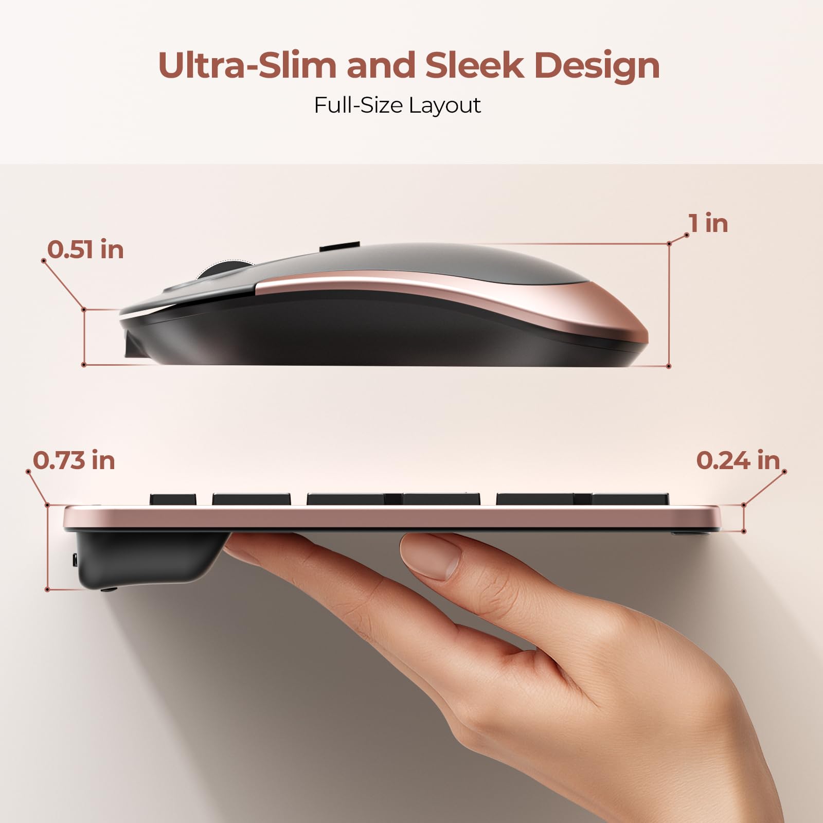 Seenda Rechargeable Wireless Keyboard Mouse Combo Full Size Cordless Ultra Thin Quiet Keyboard and Mouse Set Rose Gold Black - View 5 of 8