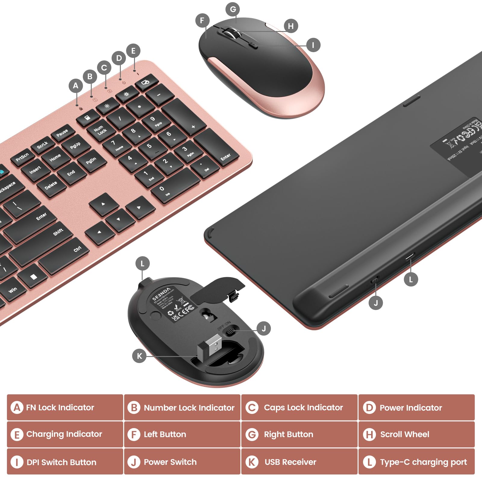 Seenda Rechargeable Wireless Keyboard Mouse Combo Full Size Cordless Ultra Thin Quiet Keyboard and Mouse Set Rose Gold Black - View 7 of 8