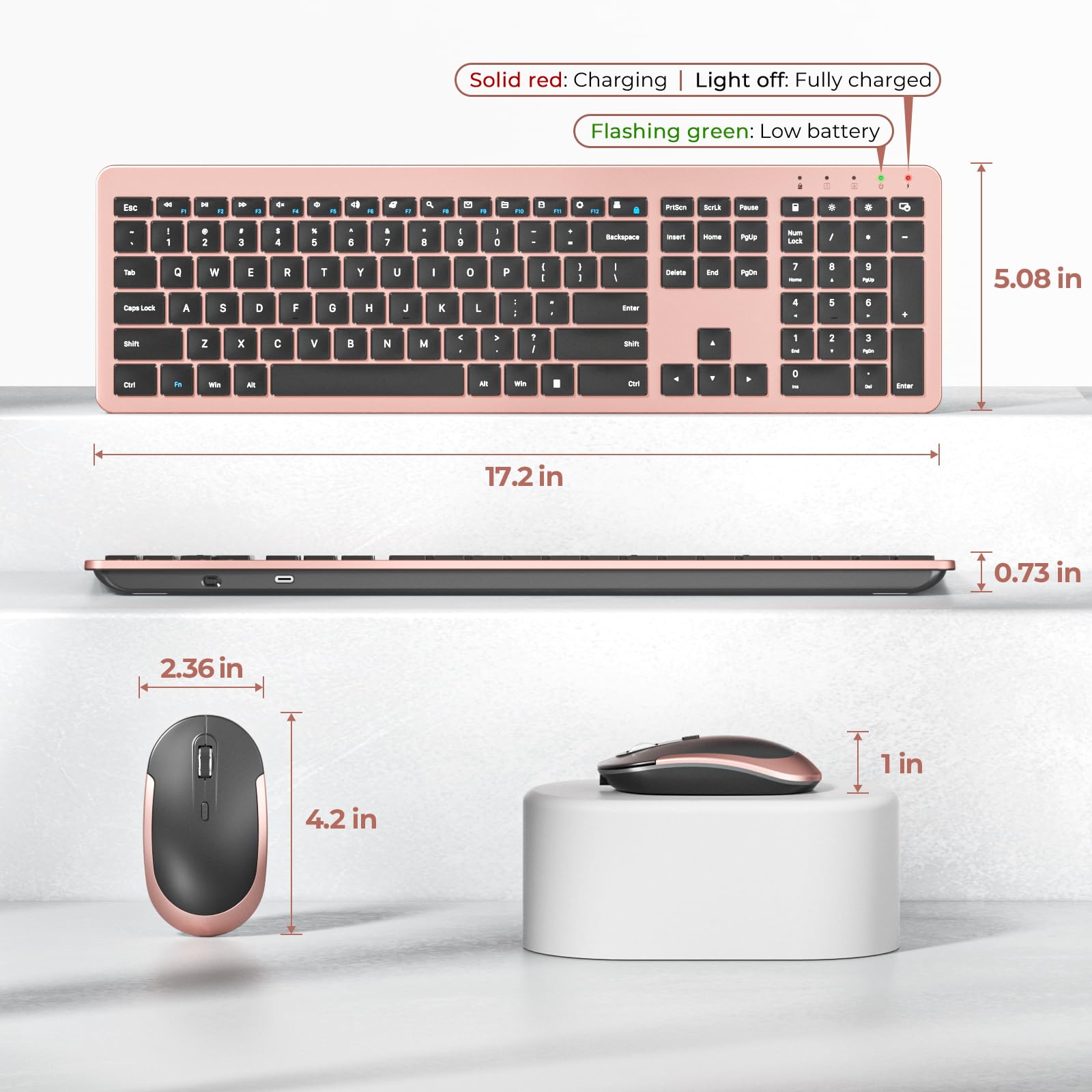 Seenda Rechargeable Wireless Keyboard Mouse Combo Full Size Cordless Ultra Thin Quiet Keyboard and Mouse Set Rose Gold Black - View 8 of 8