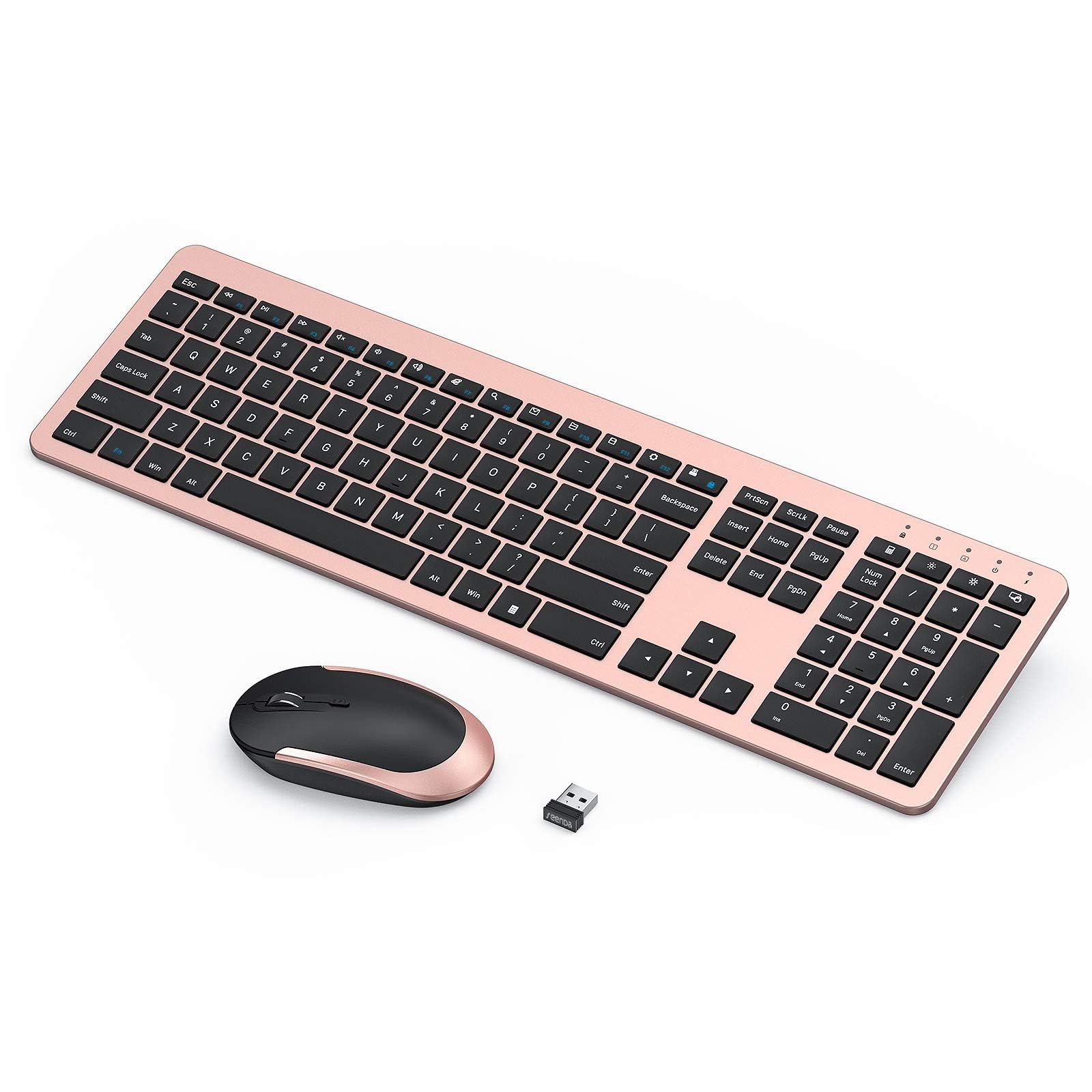 Seenda Rechargeable Wireless Keyboard Mouse Combo Full Size Cordless Ultra Thin Quiet Keyboard and Mouse Set Rose Gold Black