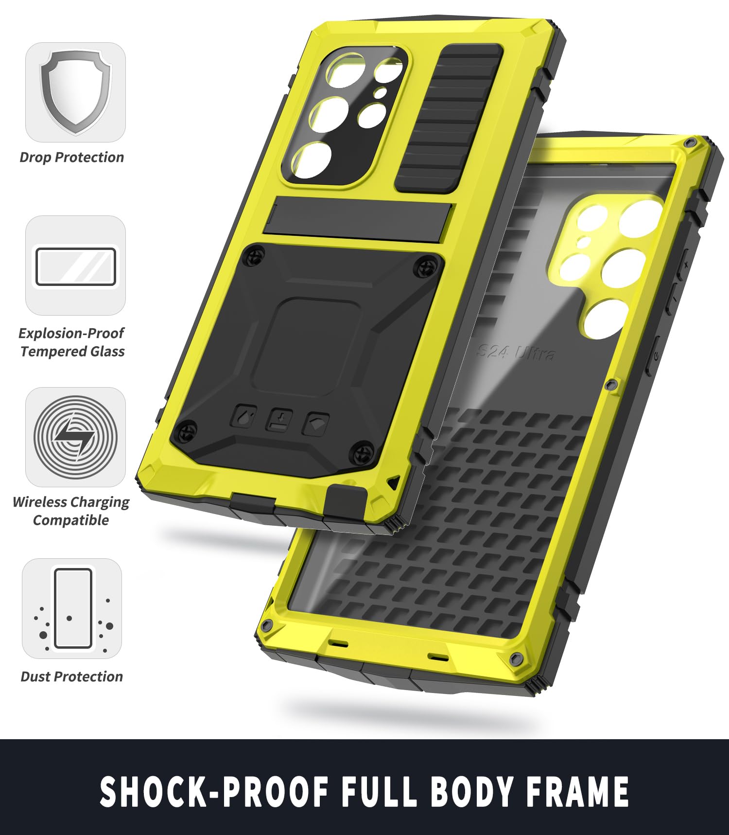 Simicoo Simicoo Samsung S24 Metal Bumper Silicone Case with Stand and Screen Protector Durable Shockproof Heavy Duty Rugged Outdoor Cover Yellow - View 3 of 9