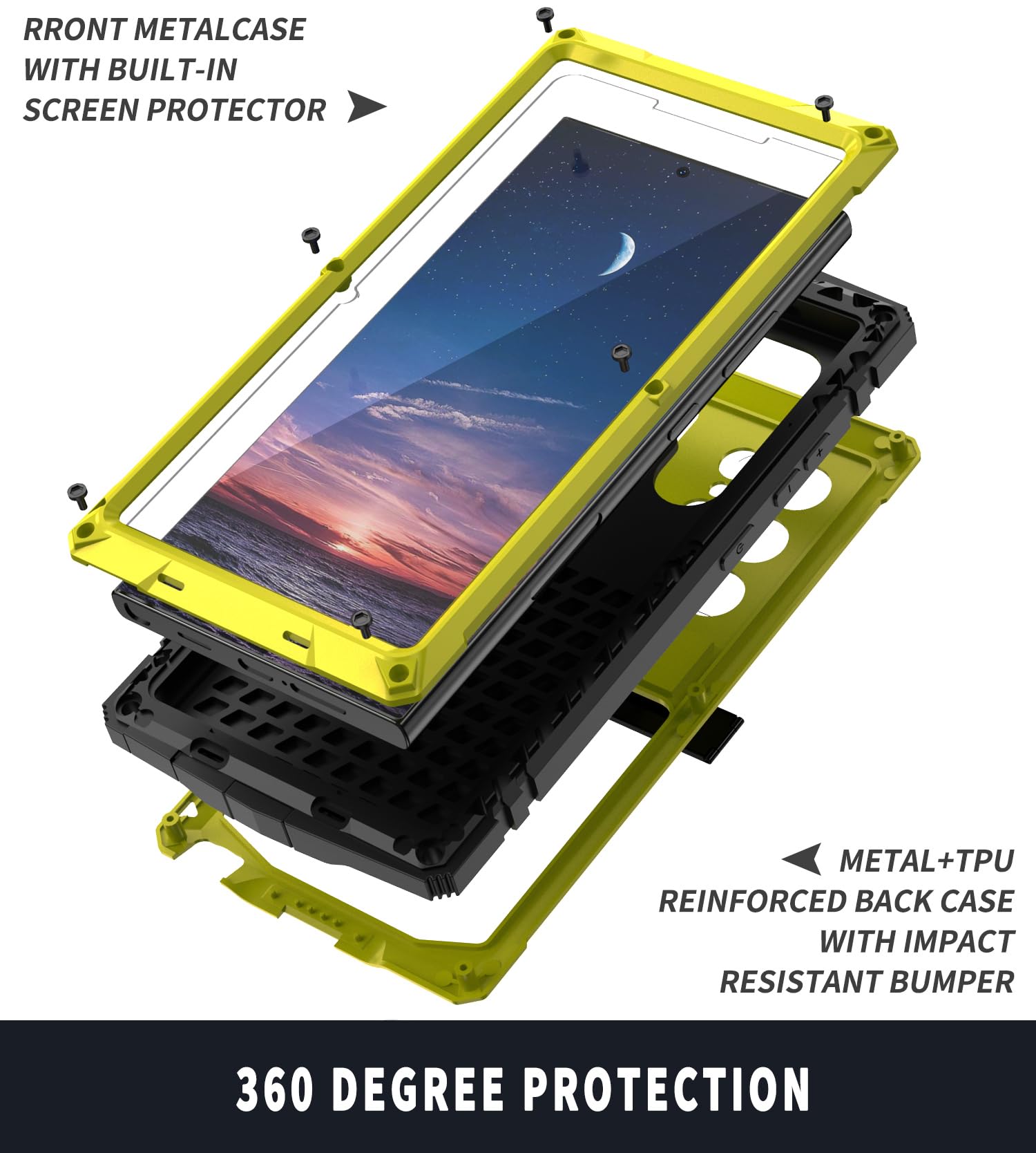 Simicoo Simicoo Samsung S24 Metal Bumper Silicone Case with Stand and Screen Protector Durable Shockproof Heavy Duty Rugged Outdoor Cover Yellow - View 4 of 9
