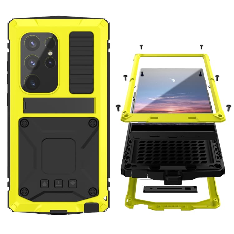 Simicoo Simicoo Samsung S24 Metal Bumper Silicone Case with Stand and Screen Protector Durable Shockproof Heavy Duty Rugged Outdoor Cover Yellow