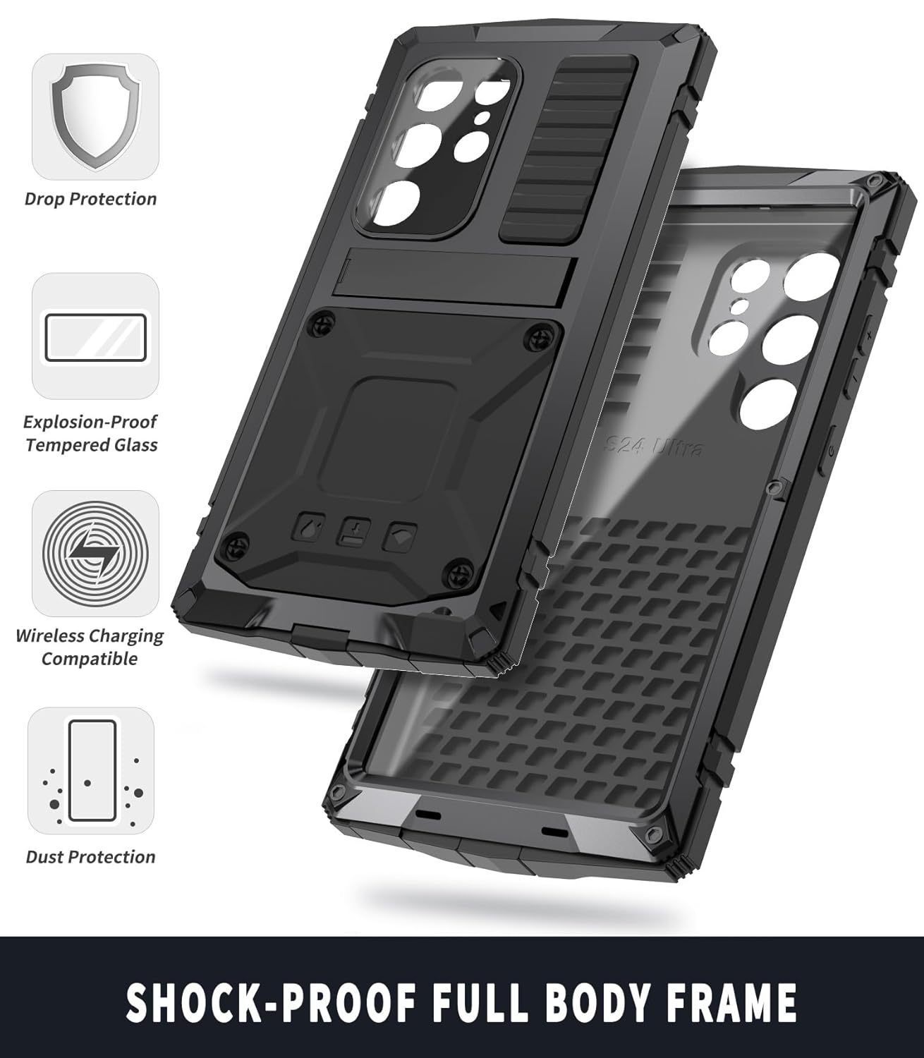 Simicoo Simicoo Samsung S24 Ultra Metal Bumper Silicone Case with Stand and Screen Protector Durable Shockproof Heavy Duty Rugged Cover Silver - View 2 of 8