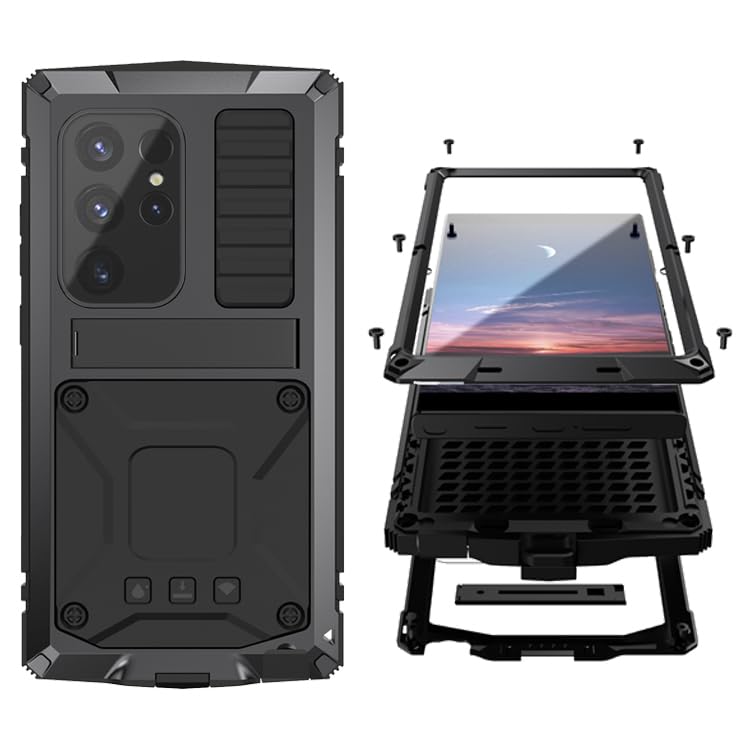 Simicoo Simicoo Samsung S24 Metal Bumper Silicone Case with Stand and Screen Protector Rugged Heavy Duty Shockproof Full Body Camera Cover Black