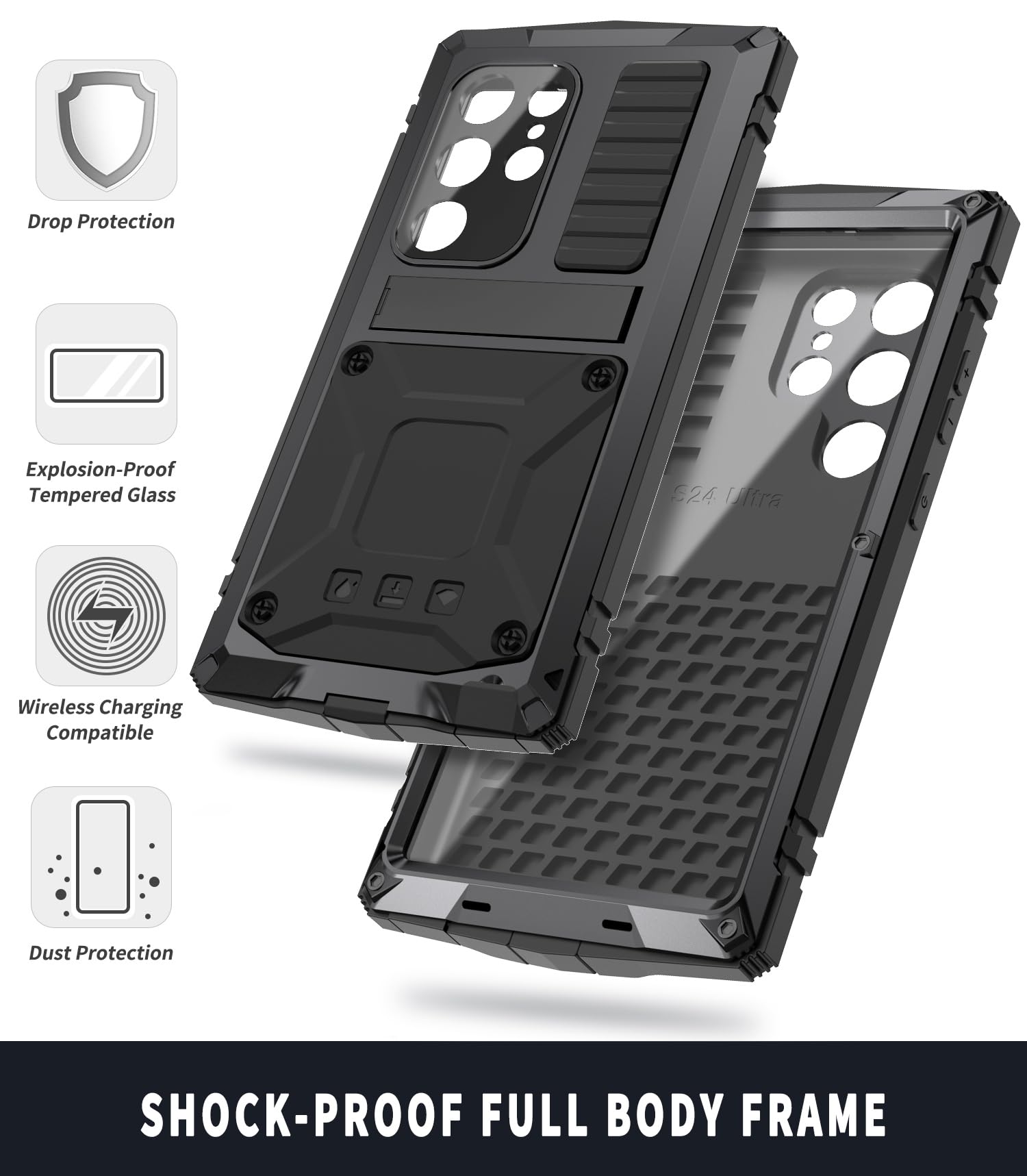 Simicoo Simicoo Samsung Galaxy S24 Ultra Metal Bumper Silicone Case with Stand Screen Protector Durable Shockproof Heavy Duty Rugged Black Cover - View 3 of 9