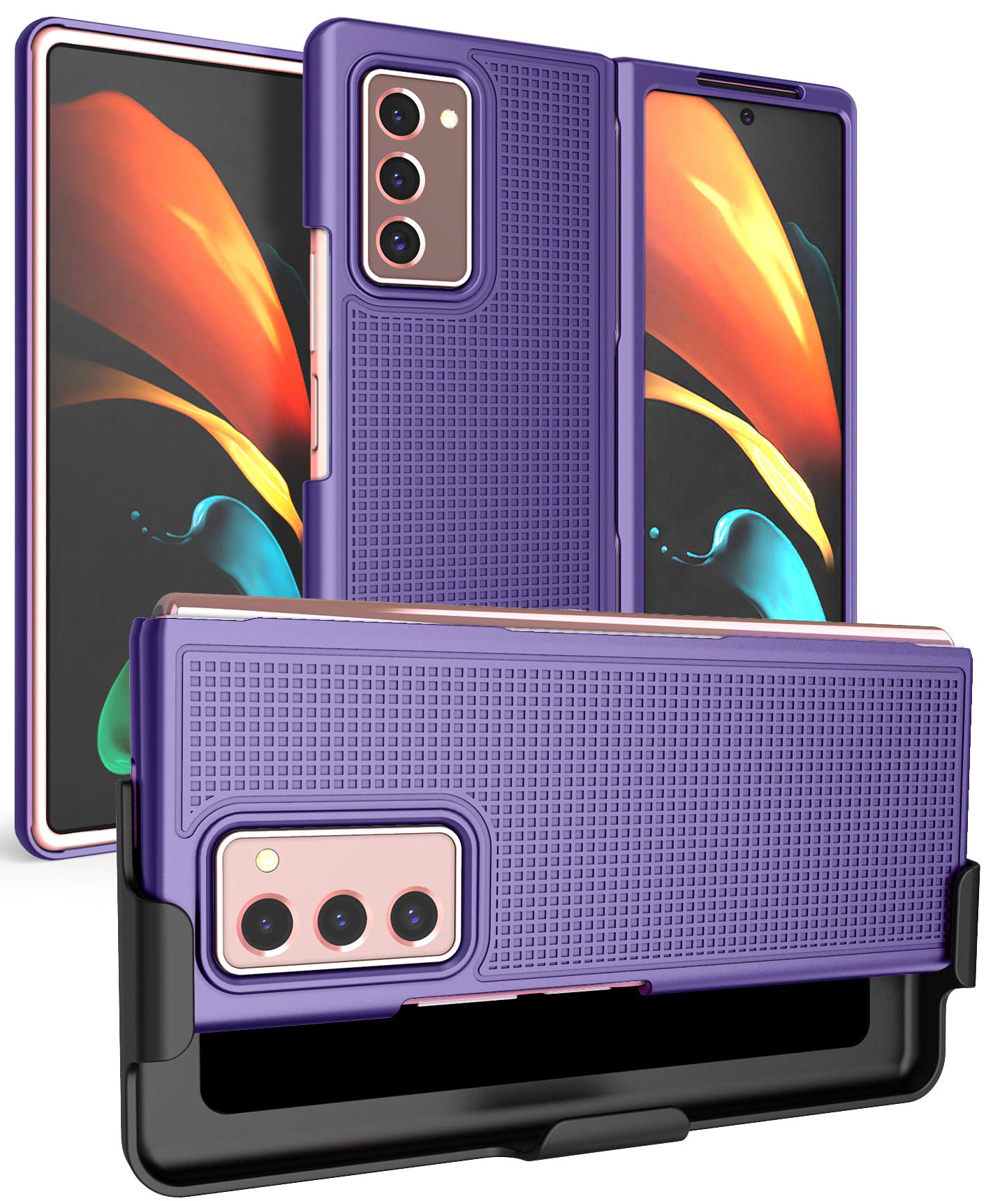 Galaxy Z Fold 2 Case with Clip & Holster - Purple Grid Texture Slim Cover & Stand Combo