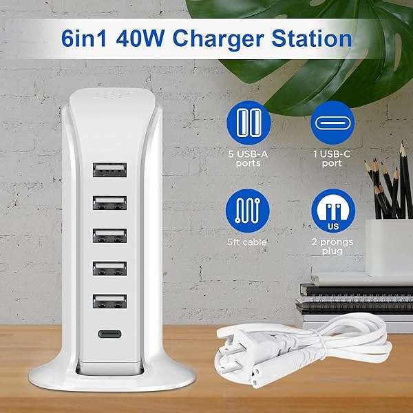 Upoy 40W Upoy Multi-Device Charging Station: 5 USB Ports & Smart IC for iPhone, iPad, Tablets & Smartphones - Perfect for Home & Office - View 6 of 9