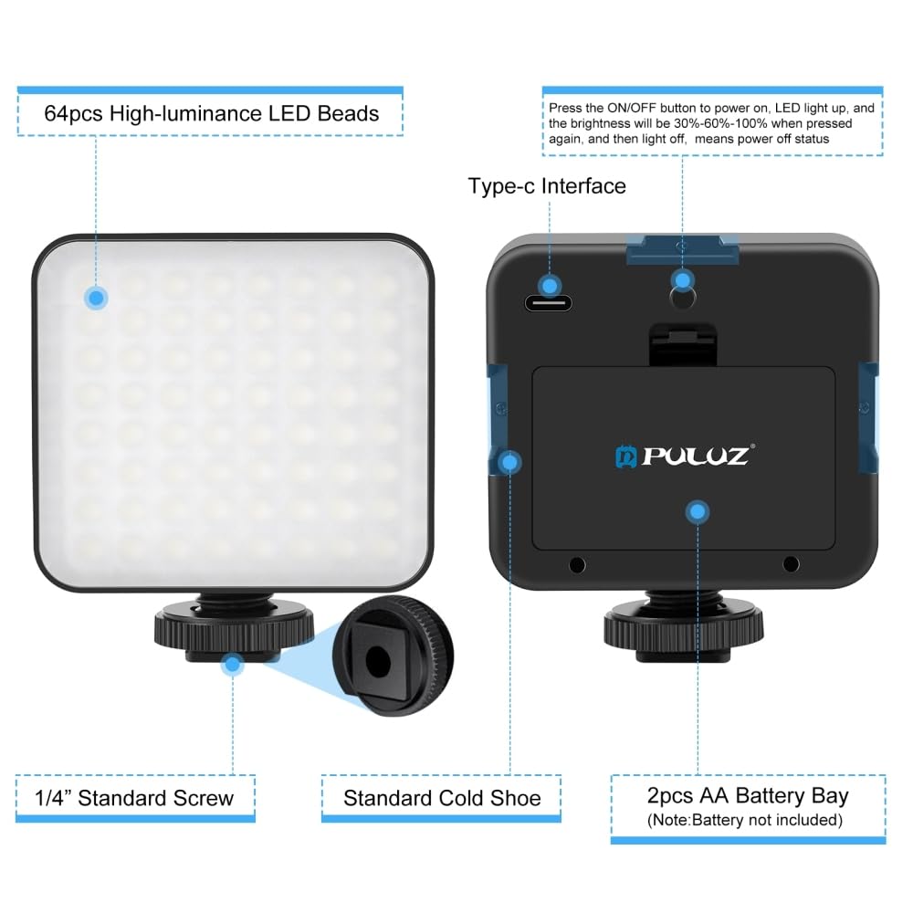 PULUZ LED Video Light 64 LED Dimmable Fill Light with 3 Cold Shoe for Canon Nikon Sony DSLR Cameras - View 3 of 9