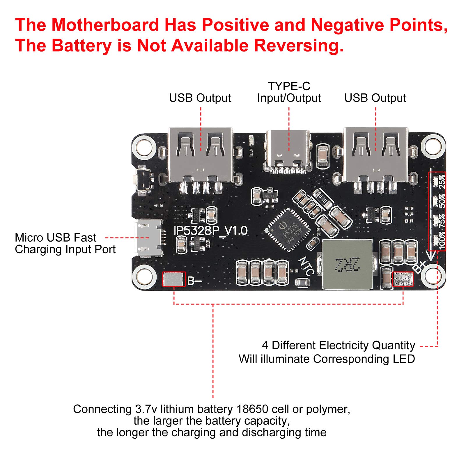 Dorhea IP5328P Dual USB Boost Charging Module 18650 Fast Charger Type-C 3.7V to 12V Quick Charge Circuit Board QC2.0 QC3.0 Mobile Power - View 3 of 7