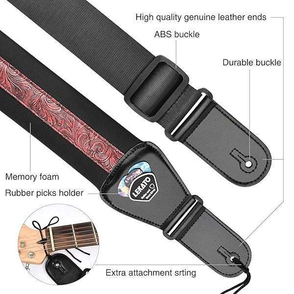 LEKATO "LEKATO 3" Padded Bass Guitar Strap - Adjustable 45"-55", Includes Picks & Safety Locks" - View 4 of 10