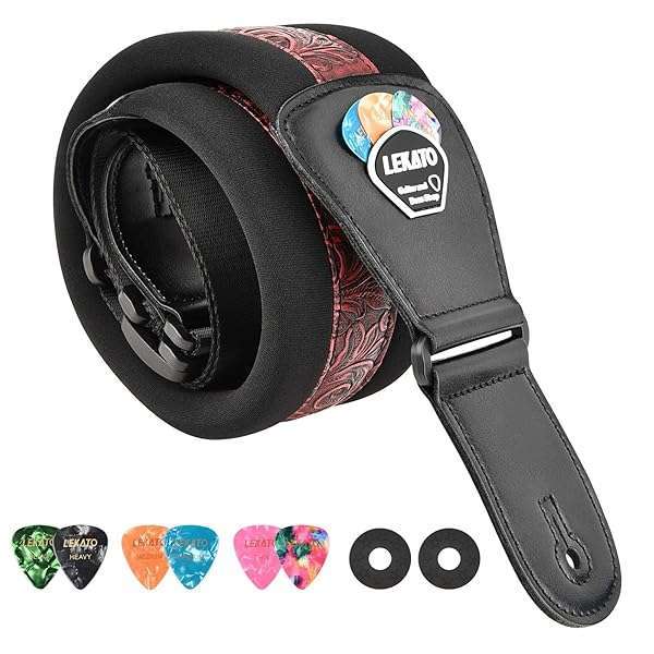 LEKATO "LEKATO 3" Padded Bass Guitar Strap - Adjustable 45"-55", Includes Picks & Safety Locks" - View 3 of 10