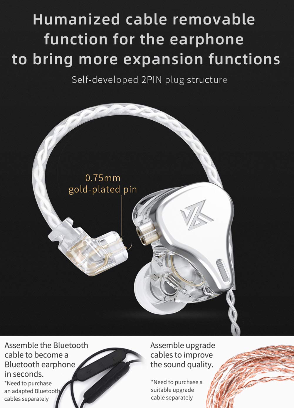 KZ DQ6 Three-Unit Dynamic In-Ear Headphones HiFi Stereo Noise Isolating Wired Earbuds with Detachable Cable and Mic Silvery - View 9 of 9