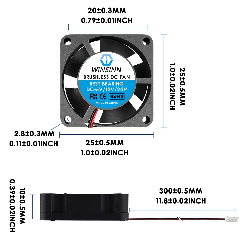 WINSINN WINSINN 25mm 24V Fan Pack of 2 for 3D Printers Brushless Cooling Dual Ball Bearing 2510 Micro Fans - View 2 of 5