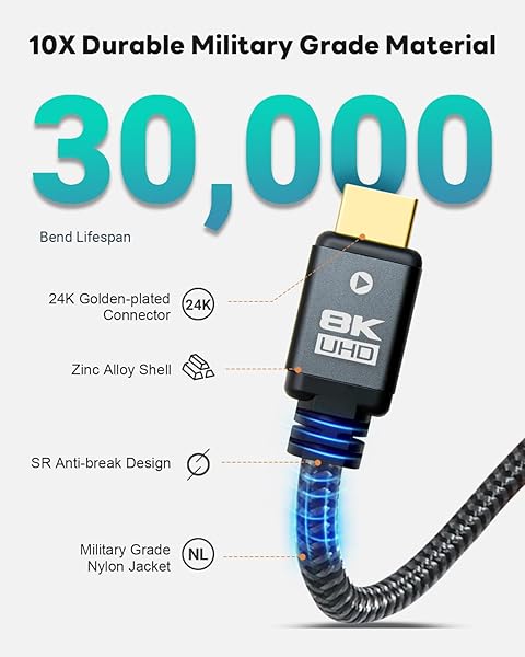 Yauhody Yauhody 8K HDMI 2.1 Cable 3ft Ultra High Speed Heavy Duty Nylon Braided for PS5 PS4 TV 48Gbps Real 8K 60Hz 4K 120Hz Dynamic HDR - View 8 of 10