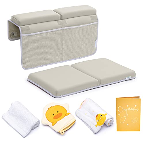 BABY BOOTH Bath Kneeler and Elbow Rest Pad Set Thick Kneeling Mat with Toy Organizer for Comfortable Baby Bathing Time Beige