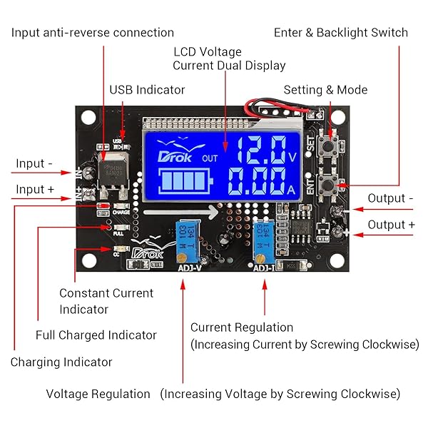 DROK DROK Voltage Boost Converter DC 6-30V to 5V 7-32V 12V 24V 5A Adjustable Regulator with LCD Display Power Supply Module Circuit Board - View 3 of 9