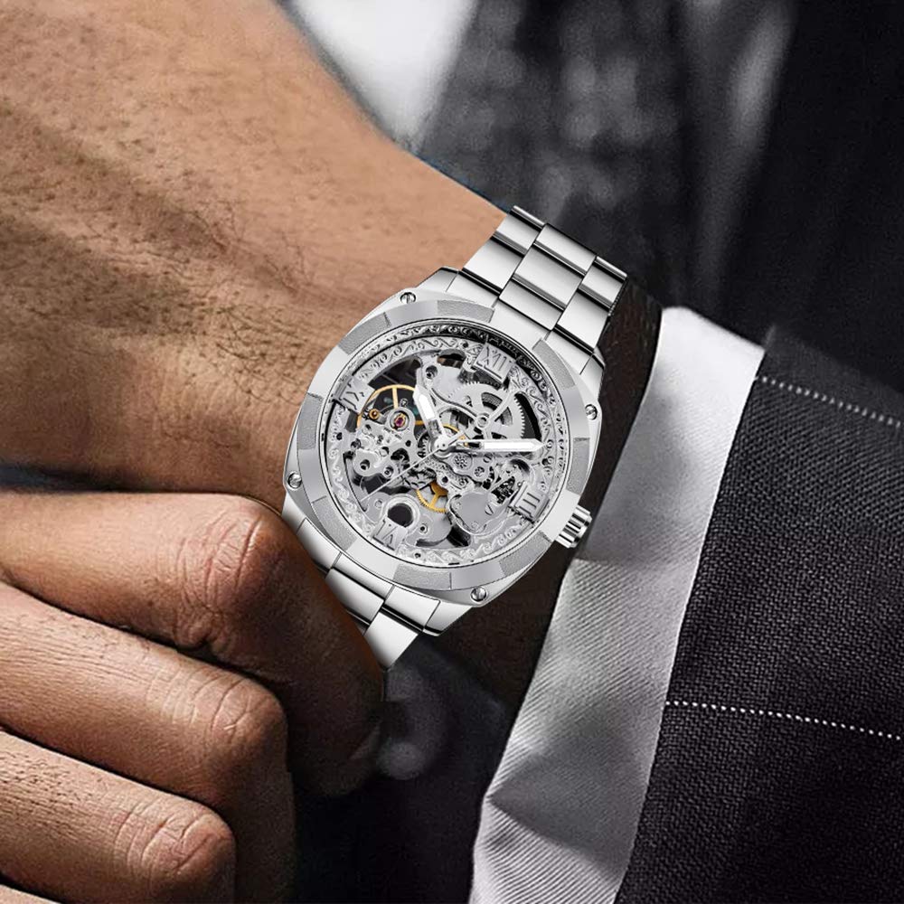 Tiong TIONG Mechanical Men's Watch Stainless Steel Automatic Skeleton Waterproof Best Gift for Men Silver - View 2 of 7