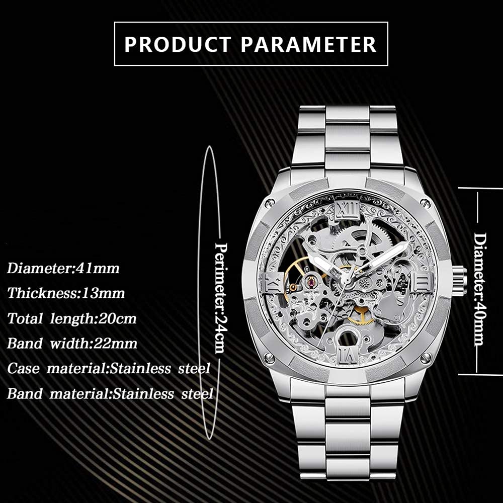 Tiong TIONG Mechanical Men's Watch Stainless Steel Automatic Skeleton Waterproof Best Gift for Men Silver - View 6 of 7