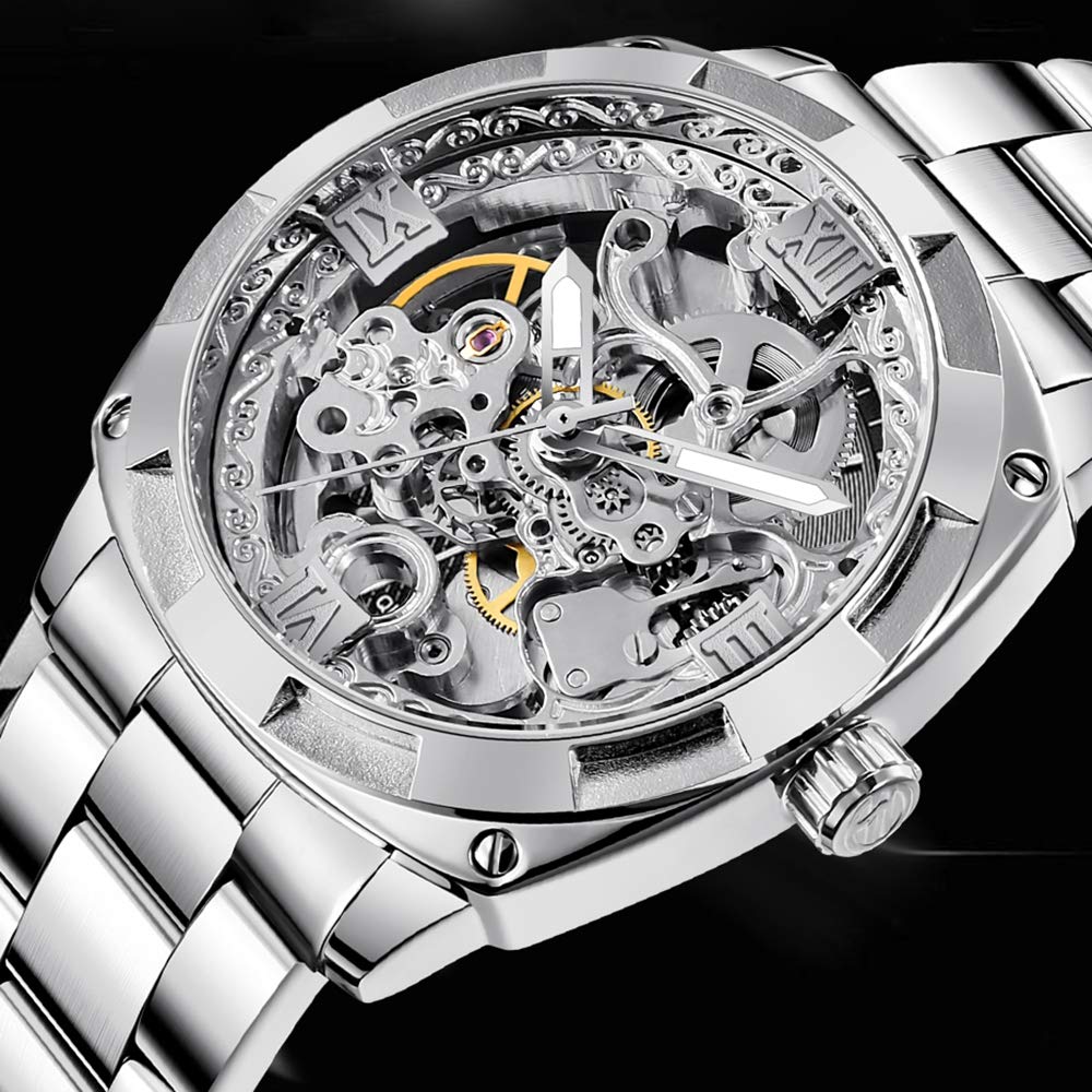 Tiong TIONG Mechanical Men's Watch Stainless Steel Automatic Skeleton Waterproof Best Gift for Men Silver - View 7 of 7