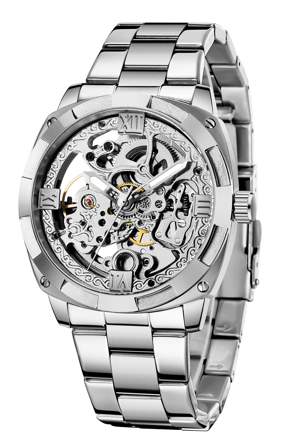 Tiong TIONG Mechanical Men's Watch Stainless Steel Automatic Skeleton Waterproof Best Gift for Men Silver