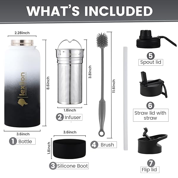 lexlion Lexlion 32 Oz Triple Walled Insulated Stainless Steel Fruit Infuser Water Bottle with Leakproof Design and 3 Lids for Ultimate Hydration - View 8 of 10