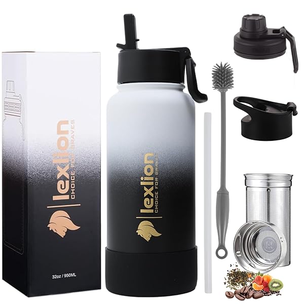 lexlion Lexlion 32 Oz Triple Walled Insulated Stainless Steel Fruit Infuser Water Bottle with Leakproof Design and 3 Lids for Ultimate Hydration - View 2 of 10