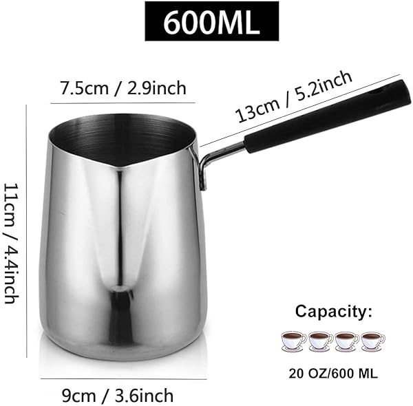 Befygier Turkish Coffee Pot Stainless Steel Milk and Coffee Warmer 20 OZ 600 ML Ibrik Cezve Arabic Briki Chocolate and Butter Melting Pot - View 5 of 8
