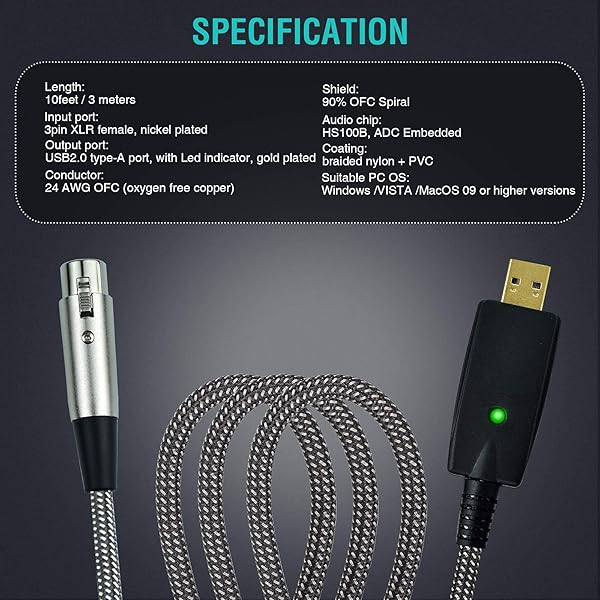 Mugteeve Mugteeve 10 Feet XLR Female to USB Cable for Laptop PC Recording and Livestreaming Noise Free Nylon Braided Mic Cord Adapter - View 5 of 9