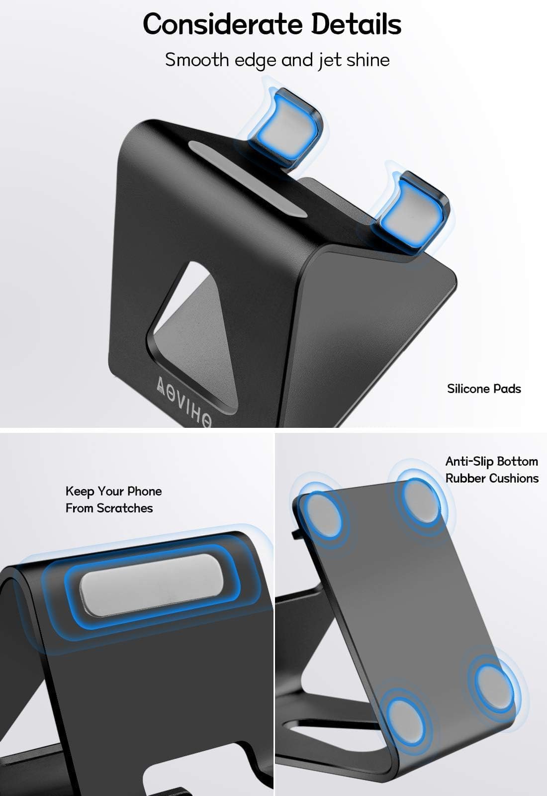 Aoviho Aoviho Aluminum Cell Phone Stand for Desk Compatible with iPhone 15 14 13 12 Pro Mini Samsung Galaxy S21 Ultra All Smartphones Black - View 3 of 7