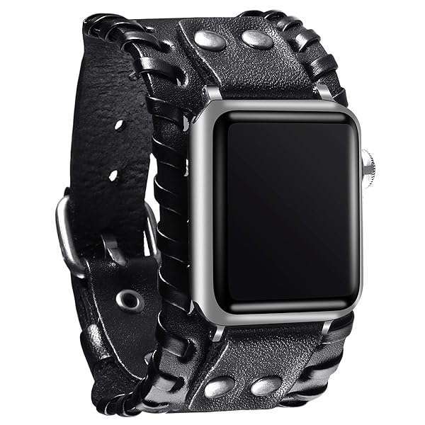 VIQIV VIQIV Wide Cuff Leather Band for Apple Watch 38mm/40mm - Unisex Retro Replacement Strap for Series SE/6/5/4/3/2/1 in Black - View 4 of 11