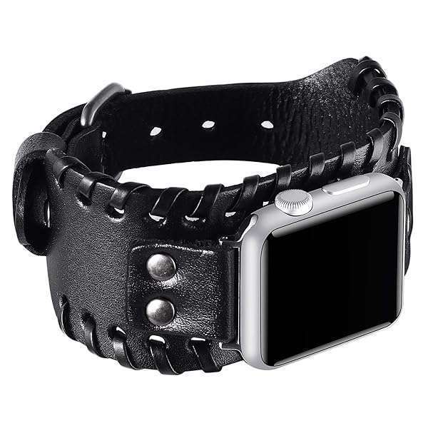 VIQIV VIQIV Wide Cuff Leather Band for Apple Watch 38mm/40mm - Unisex Retro Replacement Strap for Series SE/6/5/4/3/2/1 in Black - View 5 of 11