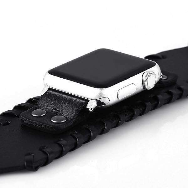 VIQIV VIQIV Wide Cuff Leather Band for Apple Watch 38mm/40mm - Unisex Retro Replacement Strap for Series SE/6/5/4/3/2/1 in Black - View 6 of 11