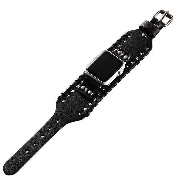 VIQIV VIQIV Wide Cuff Leather Band for Apple Watch 38mm/40mm - Unisex Retro Replacement Strap for Series SE/6/5/4/3/2/1 in Black - View 8 of 11