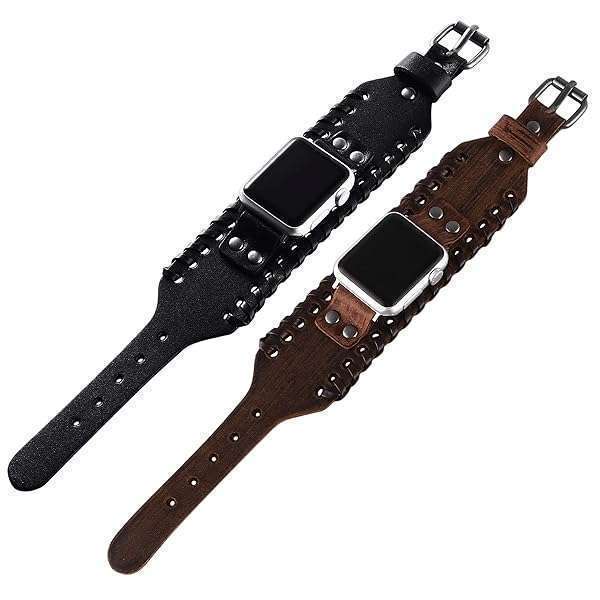 VIQIV VIQIV Wide Cuff Leather Band for Apple Watch 38mm/40mm - Unisex Retro Replacement Strap for Series SE/6/5/4/3/2/1 in Black - View 10 of 11