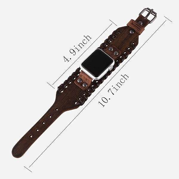 VIQIV VIQIV Wide Cuff Leather Band for Apple Watch 38mm/40mm - Unisex Retro Replacement Strap for Series SE/6/5/4/3/2/1 in Black - View 11 of 11