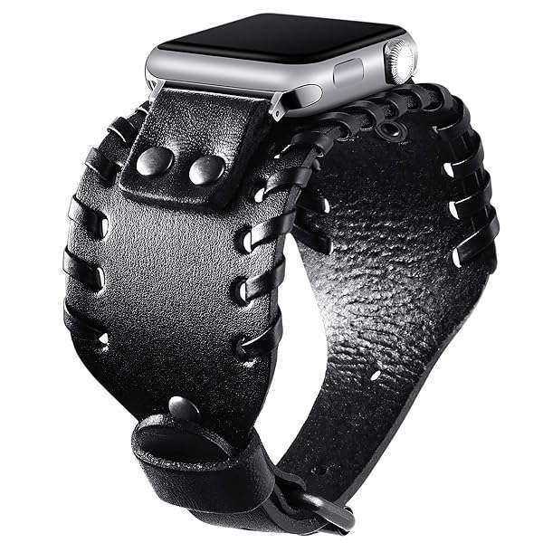 VIQIV VIQIV Wide Cuff Leather Band for Apple Watch 38mm/40mm - Unisex Retro Replacement Strap for Series SE/6/5/4/3/2/1 in Black - View 3 of 11