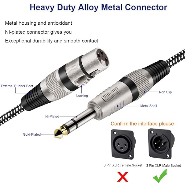 KINXIYU KINXIYU XLR Female to 1/4 Inch TRS Cables 6FT 2Pack Nylong Braided Balanced Mic Cord with Pure Copper Conductors - View 3 of 8