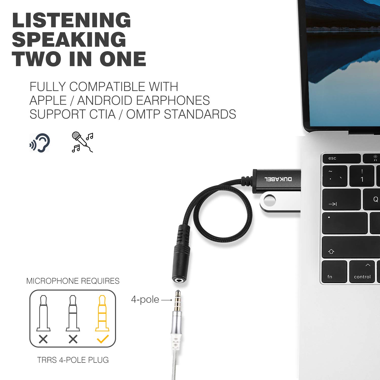 DUKABEL DUKABEL USB to 3.5mm Jack Audio Adapter Aux Cable with Mic Support for PS4 PC PS5 and More 19 Inch External Sound Card - View 4 of 9