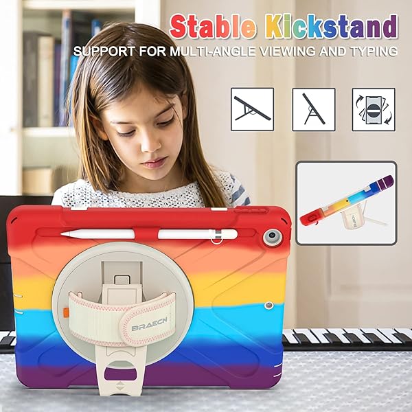 BRAECN BRAECN Heavy Duty Rugged iPad Case for 9th 8th 7th Generation with Screen Protector Pencil Holder Kickstand and Shoulder Strap Colorful Red - View 5 of 7