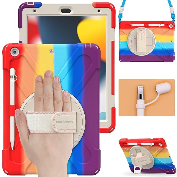 BRAECN BRAECN Heavy Duty Rugged iPad Case for 9th 8th 7th Generation with Screen Protector Pencil Holder Kickstand and Shoulder Strap Colorful Red - View 2 of 7