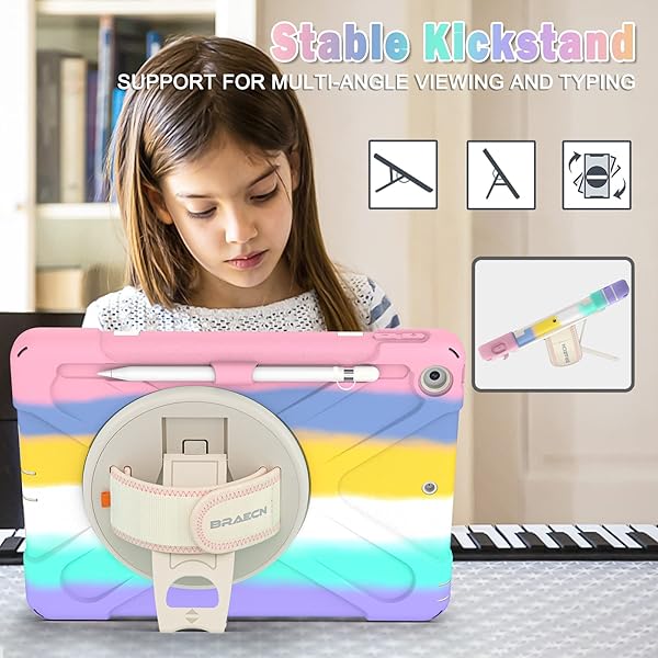 BRAECN BRAECN iPad Case 9th 8th Generation 10.2 Inch Heavy Duty Kids Case with Pencil Holder Screen Protector and Hand Strap Colorful Pink - View 5 of 8