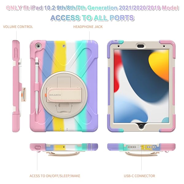 BRAECN BRAECN iPad Case 9th 8th Generation 10.2 Inch Heavy Duty Kids Case with Pencil Holder Screen Protector and Hand Strap Colorful Pink - View 8 of 8