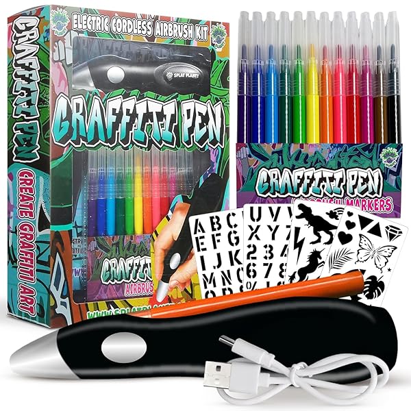 Splat Planet Electric Airbrush Pen Cordless Rechargeable Sprayer 12 Color Set Washable Watercolour Paints for Art and Crafts Painting and Drawing - View 2 of 9