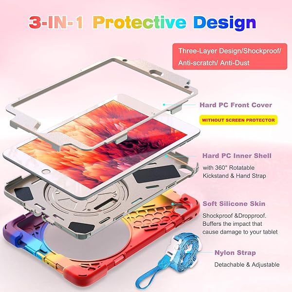 BRAECN BRAECN iPad Mini 5 Case Shockproof Rugged Kids Case with Pencil Holder Hand Strap Shoulder Strap Kickstand for Apple iPad Mini 5 4 Rainbow - View 6 of 7