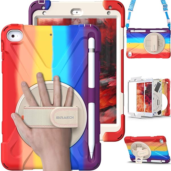 BRAECN BRAECN iPad Mini 5 Case Shockproof Rugged Kids Case with Pencil Holder Hand Strap Shoulder Strap Kickstand for Apple iPad Mini 5 4 Rainbow - View 2 of 7