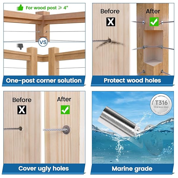 Muzata Muzata 40 Pack 45 Degree Angle Adjustable Protector Sleeve for Wood Post 90 Degree Corner Post T316 Stainless Steel Wire Rope Railing Kit - View 5 of 8