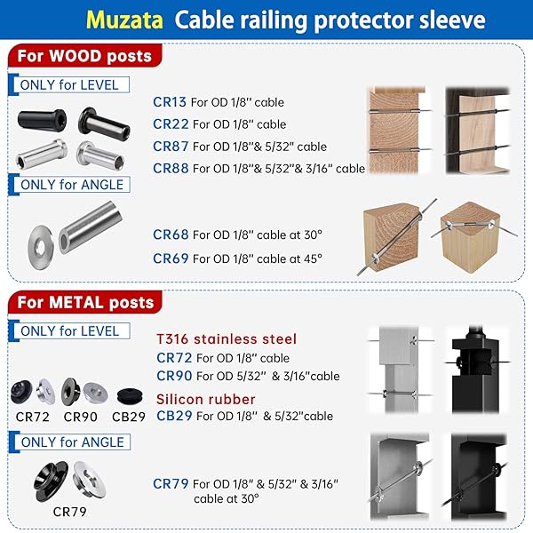 Muzata Muzata 40 Pack 45 Degree Angle Adjustable Protector Sleeve for Wood Post 90 Degree Corner Post T316 Stainless Steel Wire Rope Railing Kit - View 8 of 8